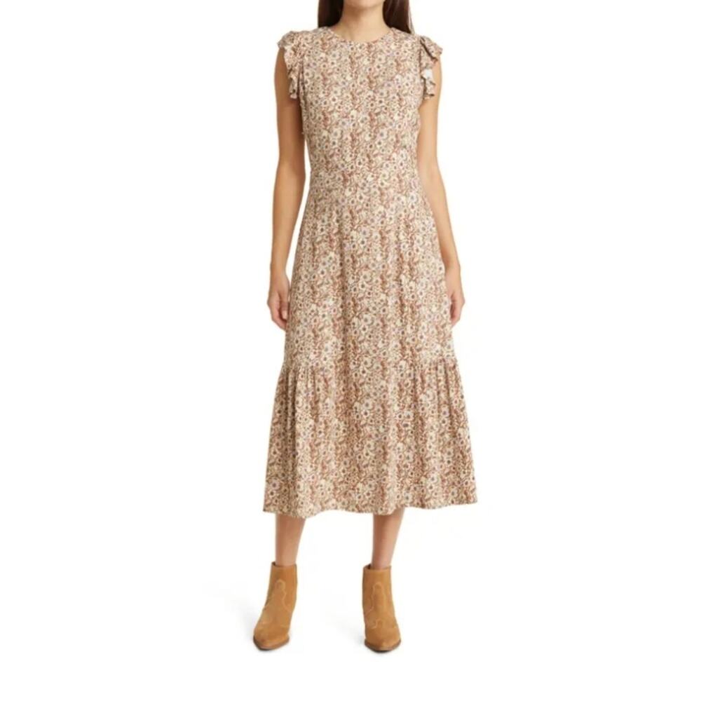 Treasure & Bond NWT Beige Floral Linen-Blend Back Cutout Midi Dress 2X